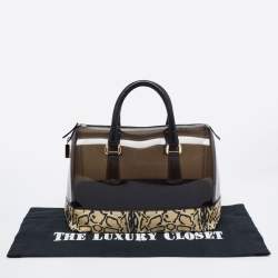 Pre Owned Furla Black/Beige Leopard Print Rubber and Leather Candy Satchel