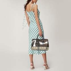 Pre Owned Furla Black/Beige Leopard Print Rubber and Leather Candy Satchel