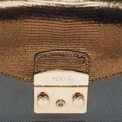 Pre Owned Furla Grey/Gold Leather and Glitter Interchangeable Flaps My Play Mini Metropolis Bag