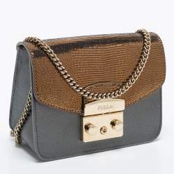Pre Owned Furla Grey/Gold Leather and Glitter Interchangeable Flaps My Play Mini Metropolis Bag