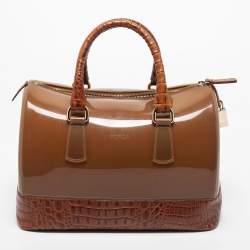 Pre Owned Furla Brown Embossed Leather and Rubber Medium Candy Satchel