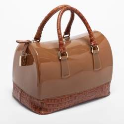 Pre Owned Furla Brown Embossed Leather and Rubber Medium Candy Satchel