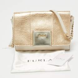 Furla Gold/Cream Leather and Python Embossed Leather Shoulder Bag
