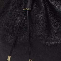 Furla Black Leather Atena Drawstring Bucket Bag