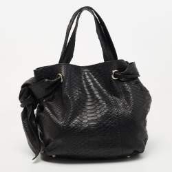 Pre Owned Furla Black Python Embossed Leather Side Bow Hobo