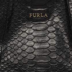 Pre Owned Furla Black Python Embossed Leather Side Bow Hobo