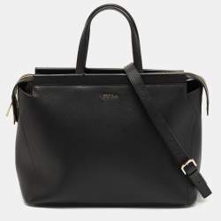 Pre Owned Furla Black Leather Top Zip Tote