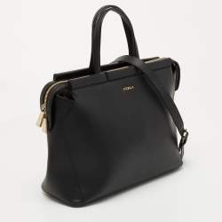 Pre Owned Furla Black Leather Top Zip Tote
