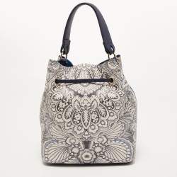Pre Owned Furla Blue/White Floral Printed Leather Stacy Drawstring Bucket Bag