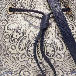 Pre Owned Furla Blue/White Floral Printed Leather Stacy Drawstring Bucket Bag