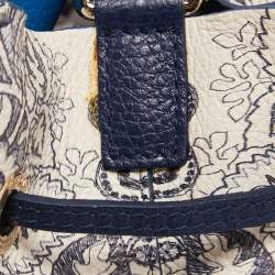 Pre Owned Furla Blue/White Floral Printed Leather Stacy Drawstring Bucket Bag