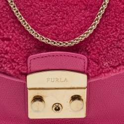 Pre Owned Furla Pink Leather and Shearling Effect Mini Metropolis Chain Crossbody Bag