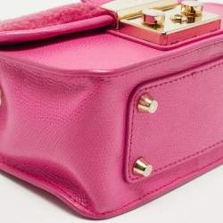 Pre Owned Furla Pink Leather and Shearling Effect Mini Metropolis Chain Crossbody Bag
