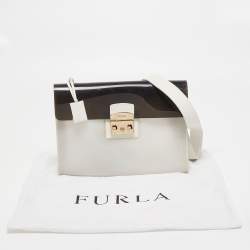 Pre Owned Furla White/Black Rubber and Leather Flap Pushlock Shoulder Bag