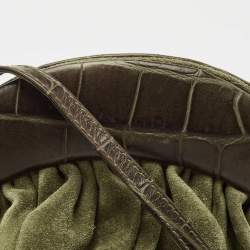 Pre Owned Furla Green Croc Embossed Leather And Suede Crossbody Bag