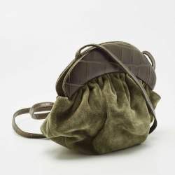 Pre Owned Furla Green Croc Embossed Leather And Suede Crossbody Bag