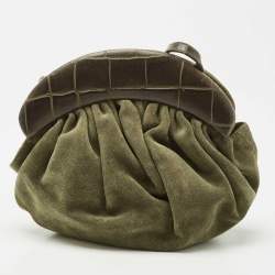 Pre Owned Furla Green Croc Embossed Leather And Suede Crossbody Bag