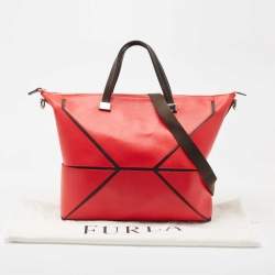 Pre Owned Furla Red/Black Leather and Nylon Geometric Zip Tote