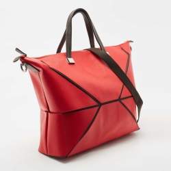 Pre Owned Furla Red/Black Leather and Nylon Geometric Zip Tote