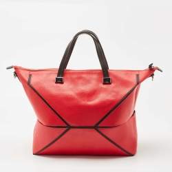 Pre Owned Furla Red/Black Leather and Nylon Geometric Zip Tote