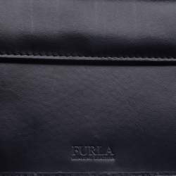 Pre Owned Furla Black Glossy Leather Logo Trifold Compact Wallet 