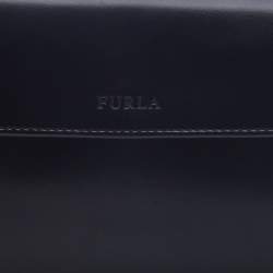 Pre Owned Furla Black Glossy Leather Logo Trifold Compact Wallet 