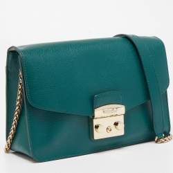 Pre Owned Furla Green Leather Small Metropolis Shoulder Bag