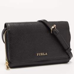 Pre Owned Furla Black Leather Logo Flap Wallet on Strap
