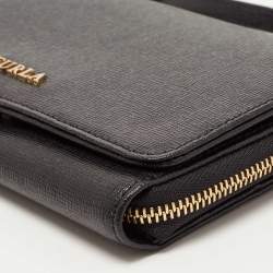 Pre Owned Furla Black Leather Logo Flap Wallet on Strap