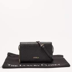 Pre Owned Furla Black Leather Logo Flap Wallet on Strap