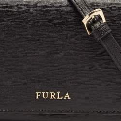 Pre Owned Furla Black Leather Logo Flap Wallet on Strap