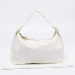 Pre Owned Furla White Croc Embossed Leather Ginger L Hobo
