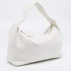 Pre Owned Furla White Croc Embossed Leather Ginger L Hobo
