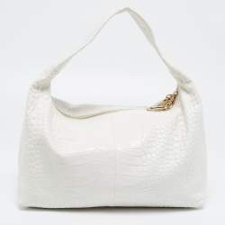 Pre Owned Furla White Croc Embossed Leather Ginger L Hobo