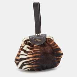 Furla Brown Calfhair and Leather Frame Wristlet Pouch