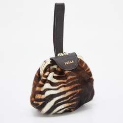 Furla Brown Calfhair and Leather Frame Wristlet Pouch