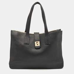 Pre Owned Furla Black Leather Pushlock Flap Tote