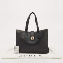 Pre Owned Furla Black Leather Pushlock Flap Tote
