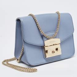 Pre Owned Furla Light Blue Leather Mini Metropolis Crossbody Bag