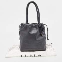 Furla Metallic Dark Grey Leather Drawstring  Tote