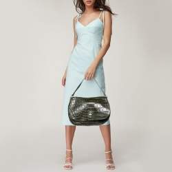 Pre Owned Furla Olive Green Croc Embossed Leather Flap Hobo