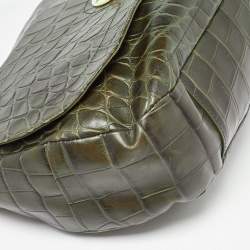 Pre Owned Furla Olive Green Croc Embossed Leather Flap Hobo