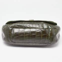 Pre Owned Furla Olive Green Croc Embossed Leather Flap Hobo