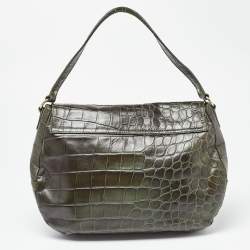 Pre Owned Furla Olive Green Croc Embossed Leather Flap Hobo