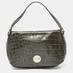Pre Owned Furla Olive Green Croc Embossed Leather Flap Hobo