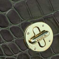 Pre Owned Furla Olive Green Croc Embossed Leather Flap Hobo