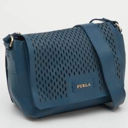 Pre Owned Furla Blue Cut Out Leather Flap Crossbody Bag