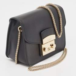 Pre Owned Furla Black Leather Mini Metropolis Chain Crossbody Bag