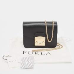 Pre Owned Furla Black Leather Mini Metropolis Chain Crossbody Bag