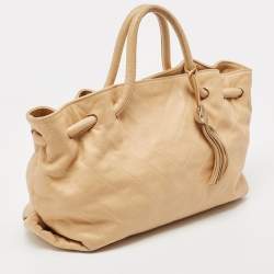 Furla Beige Leather Drawstring Metal Handle Shoulder Bag